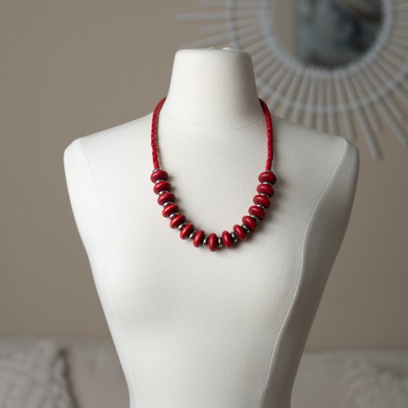 Vintage Red Wood Beads and Metal Necklace - Picture 1 of 6
